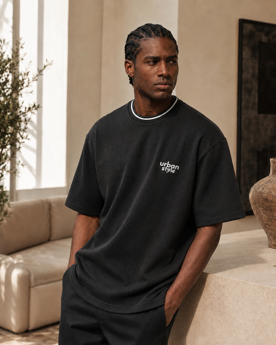 Male model poses in well lit lounge room wearing Urban Style ribbed t shirt