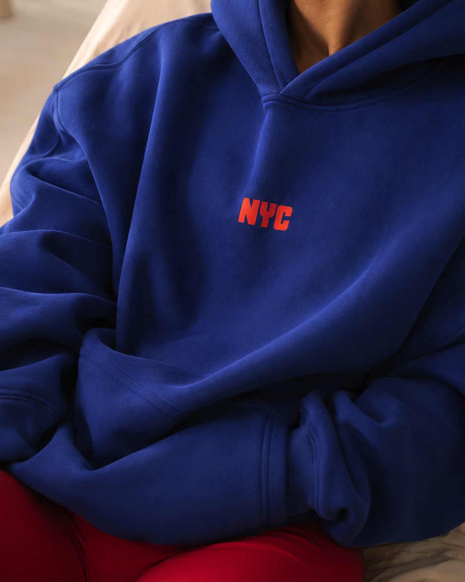 New York City Boroughs hoodie close up on female model