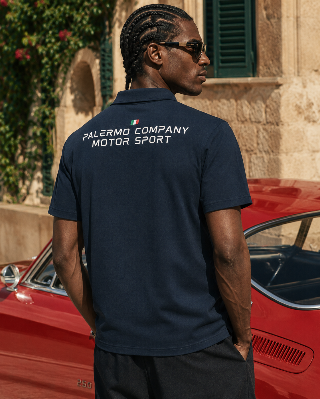 Man stands in front of Italian Sports car in Palermo Motor Sport Quarter Zip Polo